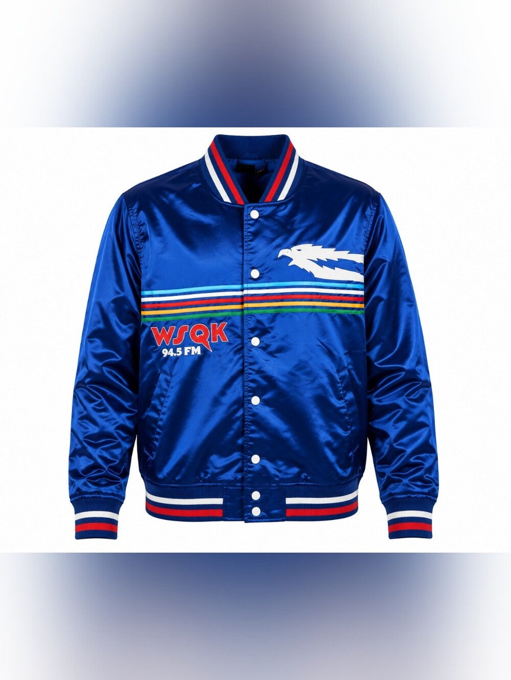 Stranger Things WSQK 94.5 FM Satin Bomber Jacket Blue L NWT 1980s Cosplay Retro
